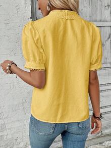 Breezaya Summer Casual Solid Color Lace Collar Puff Sleeve Blouse - Light Yellow - View 2