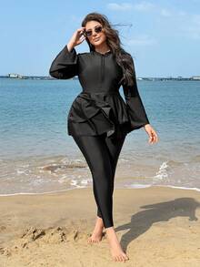 Swim Shayni 大码女式纯色荷叶边长袖长裤比基尼套装 - 黑色 - 查看 3