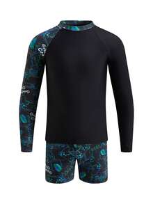 SHEIN 2pcs Teen Boys Casual Vacation Game Console With Night Vision Fluorescent Print Long-Sleeved Swimsuit And Swim Trunks, Suitable For Beach Vacations And Pool Parties, Perfect For Spring And Summer. - Black - View 4