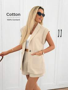 Easowa 100%纯棉休闲宽松优雅通勤套装 - 马甲西装外套和阔腿短裤，春夏女装 - 杏色 - 查看 4