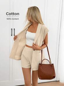 Easowa 100%纯棉休闲宽松优雅通勤套装 - 马甲西装外套和阔腿短裤，春夏女装 - 杏色 - 查看 6
