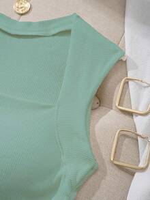 SHEIN EZwear Top décontracté polyvalent à plis de couleur unie pour femme - Vert - Voir 6