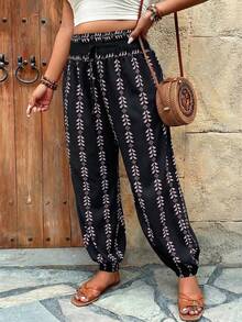 SHEIN LUNE Celana Harem Pinggang Elastis Motif Ukuran Besar, Celana Kasual untuk Liburan Musim Gugur - MultiWarna - View 4