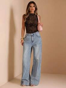 SHEIN BAE Women's Stand Collar Sleeveless Bodysuit With Ruched Details - Multicolor - View 3