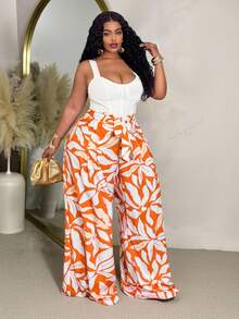 Slaydiva 大码女式印花系带阔腿裤，度假女裤夏季裹身裤印花高腰阔腿裤女式阔腿裤女式夏季裤阔腿裤度假套装裤 - 橘色 - 查看 7