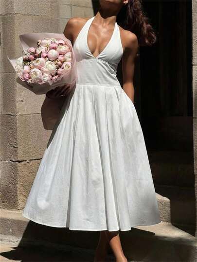 Aloruh Women's Halter Neck Strap Ruched Elegant Sexy Retro Holiday Party Midi Dress,Summer Dresses For Women, Honeymoon Outfits Woman ,Island Vacation Outfits,Sun Dresses For Women ,Elegant Dresses For Party,Beach Vacation Dress,Floral Dresses For Women,Women White Dress