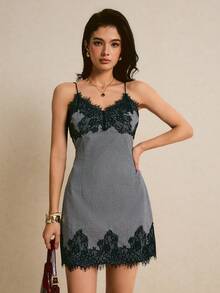 Poéselle Women's Contrast Lace Plaid Slip Dress - Black - View 5