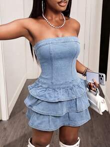 Slaydiva Đầm denim hai dây xếp tầng có bèo nhún dành cho nữ - Màu xanh lam - Xem 5