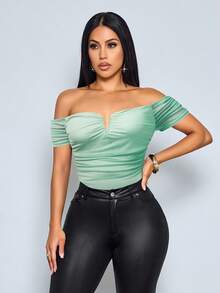 Women's Spring/Summer New Elegant And Sexy Off-Shoulder V-Neck Mesh Pleated Bodysuit In Burgundy - Mint Green - View 6