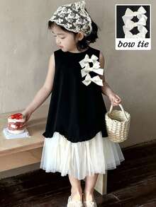 SHEIN Elladie kids 女童春夏新款简约优雅连衣裙，浅桃色3D蝴蝶结缎带，黑色梭织面料拼接浅桃色网纱不对称下摆无袖连衣裙，适合年轻女孩，简约优雅的女士风格，适合日常、上学、外出、度假等春夏穿着。儿童连衣裙，蓬蓬裙，女童连衣裙，黑白儿童连衣裙，蝴蝶结连衣裙，黑白女童连衣裙，幼儿女童夏季服装。柔软连衣裙。 - 黑色 - 查看 4