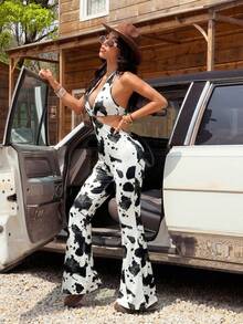 SHEIN EZwear 奶牛纹针织镂空V领无袖连体裤，夏季时尚单品 - 黑與白 - 查看 4