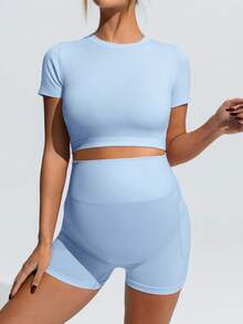 SHEIN Maternity Sports Solid Color Short Sleeve Cropped T-Shirt & Shorts,Word Cup - Baby Blue - View 7