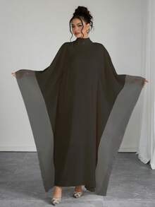 SHEIN Raffinéa 女士优雅纯色立领蝙蝠袖宽松连衣裙 - 黑色 - 查看 6