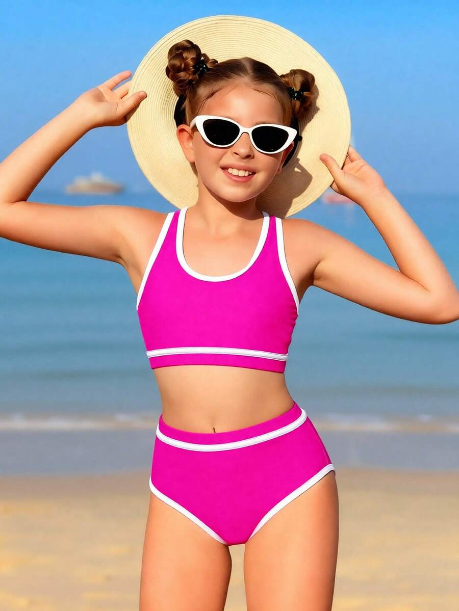 SHEIN 少女撞色滚边吊带背心式泳衣上装和三角泳裤套装，适合夏季度假和海滩穿着 - 玫紅色 - 查看 1