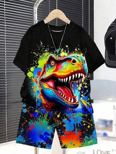 SHEIN Bộ 2 món cho bé trai, phong cách tối giản, thời trang cổ điển, Y2K, in hình khủng long, họa tiết rằn ri, vẽ graffiti thủ công, áo thun cổ tròn tay ngắn và quần short rộng rãi, thoải mái, thích hợp cho mùa xuân/hè.