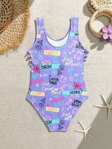 Tween Girls Minimalist Printed Sleeveless One-Piece Swimsuit - Purple - View 2
