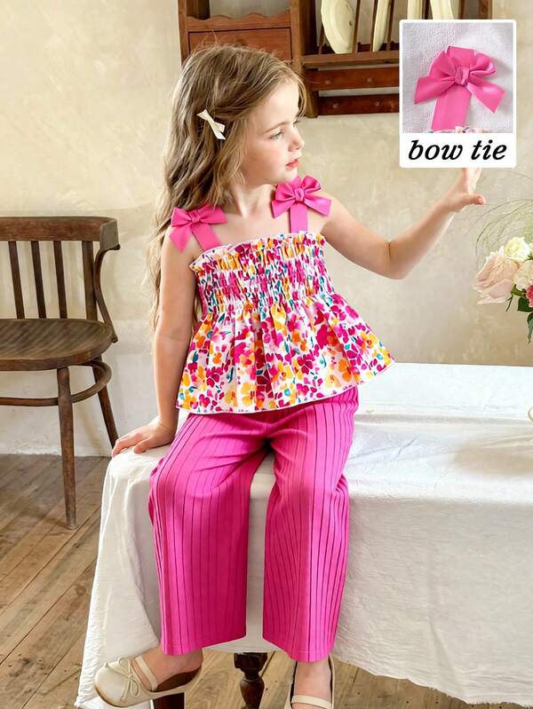 Vintaside Kids Girls (Small) Colorful Cute New Spring/Summer Vest Set, Floral Print Woven Fabric Top With Brown Ribbon Bow Decor Sleeveless Camisole, Paired With Textured Solid Pink Casual Pants, 2pcs Set, Suitable For Cute Young GirlKorean Casual, Daily Versatile, Comfortable For School, Outing, Holiday