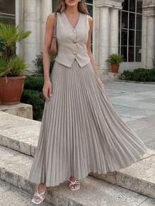 Women's Casual Solid Color Faux Pocket Pleated Vest & Skirt Suit Set, Summer Spring,Wedding Guest Dress Women - Beige - View 7