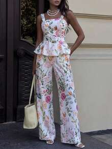 DAZY Women's Elegant Floral Print Square Neck Sleeveless Belted Vest And Wide Leg Pants 2-Piece Set, Summer Spring,Wedding Guest Women Boho - Apricot - View 8