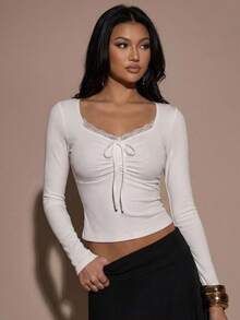 FRIFUL Women's Solid Color Lace Twist Design Ruched Casual Versatile Commute Long Sleeve T-Shirt - White - View 8