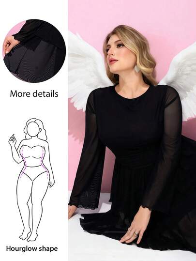 Hourglow Vestido de moda de manga larga con cuello redondo y volantes en el bajo para mujer de talla grande, unicolor /2026 /Año Nuevo