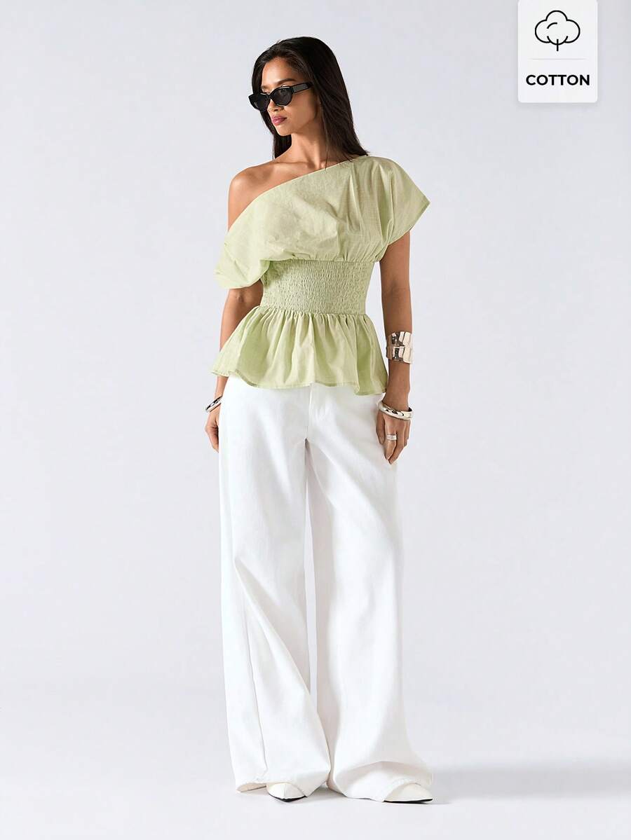 LYSMO 女士夏季休闲纯色不对称领收腰衬衫 - 綠色 - 查看 1