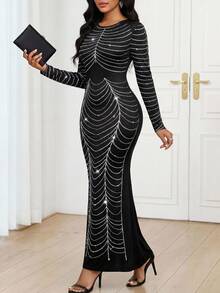 Fleurora 生日派对礼服女士长裙黑色圆领女裙钻石印花设计女裙优雅宴会酒会女士长裙黑色长袖连衣裙长款秋季连衣裙长款秋季连衣裙秋季女裙 - 黑色 - 查看 3