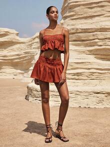 Maija 女士休闲褶皱荷叶边迷你裙，适合约会和外出穿着 - 咖啡棕 - 查看 3