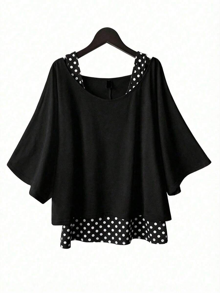 SHEIN Essnce 大码女式休闲两件套，黑白波点吊带背心和露肩上衣，女士夏季两件套，外套，女士夏季服装，露肩上衣，可爱上衣，可爱夏季上衣 - 黑色 - 查看 1
