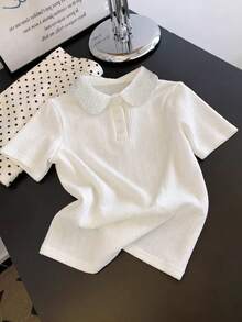 Lyxana Women's Fashion Pearl Decor Turndown Collar Button Half-Placket Short Sleeve T-Shirt - White - View 6