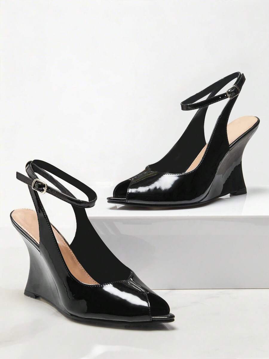 SHUZIA Sandalias de cuña con tira de tobillo y punta abierta para mujer - Negro - Ver 1