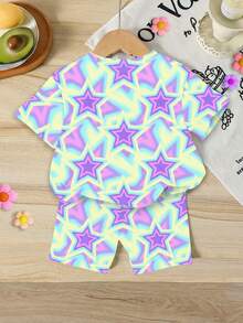 Young Girls Basic Short Sleeve Printed T-Shirt, Light Purple - Multicolor - View 2