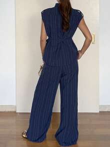 Vivie Lora Women's Denim Effect Vest And Striped Pants 2 Pieces Set Summer Lounge Sets For Women - Blue - View 4