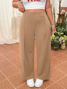SHEIN EZwear Quần dài ống đứng đơn giản, màu trơn dành cho nữ cỡ lớn - Màu Khaki - Xem 3