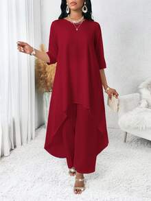 SHEIN Lady Elegant Burgundy Red Women's Autumn Two-Piece Suit,Long-Sleeved Asymmetric Top&Pants Set For Dining,Wedding Event,Homecoming And Fall Outfit Sets - Burgundy - View 1