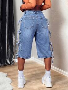 Slaydiva Women's Casual Washed Side Slit Tie-Up Denim Jeans - Light Wash - View 2