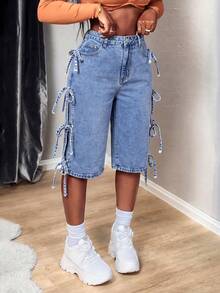 Slaydiva Women's Casual Washed Side Slit Tie-Up Denim Jeans - Light Wash - View 5