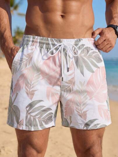 VIVINTIMO 男士夏季百搭运动热带植物印花休闲沙滩短裤，夏威夷风