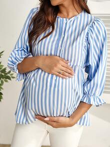 SHEIN Nursing Top With Frill Trim, 3/4 Sleeve, Round Neck, Half-Placket, A-Line Hem, Striped Nursing Blouse - Blue and White - View 5