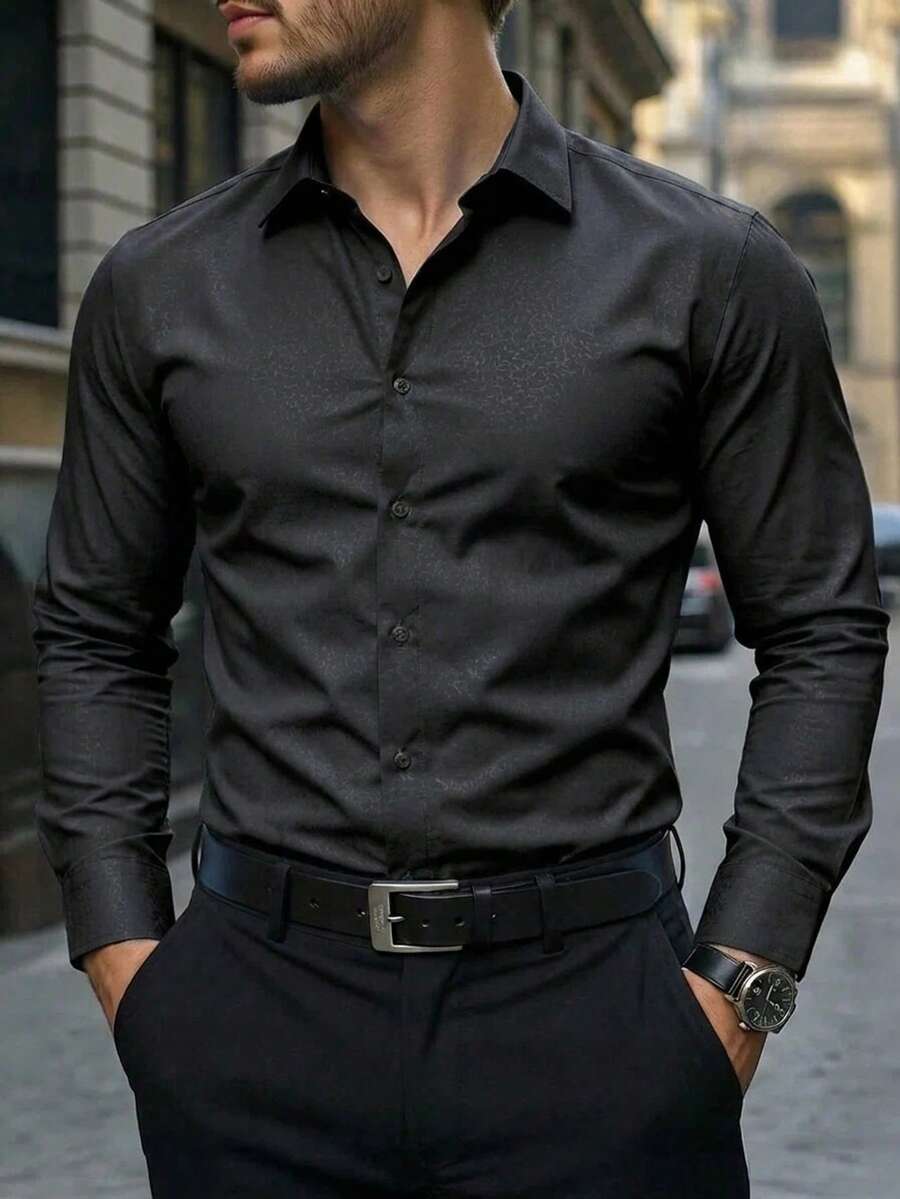 Manfinity Bizformal Men's Business Casual Embossed Fabric Long Sleeve Shirt - Black - View 1