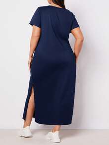 EMERY ROSE 大码女式纯色圆领短袖休闲连衣裙 - 藏蓝色 - 查看 2
