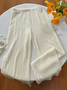 Elamini 女士镂空性感阔腿裤，针织纹理新款设计 - 白色 - 查看 3