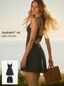 GLOWMODE FeatherFit™-Air Scoop Neck Knotted Mini Dress Quick Dry Moisture Wicking - Black and White - View 2
