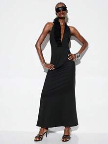 GENKIRA Minimalist Sexy Deep V-Neck Asymmetric Ruffle Trim Fitted Mermaid Dress, Black, Suitable For Party, Holiday, Music Festival, Versatile - Black - View 4