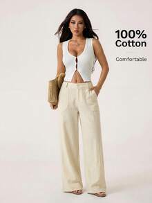 SHEIN PETITE 100% 水洗棉低腰直筒裤 - 杏色 - 查看 5