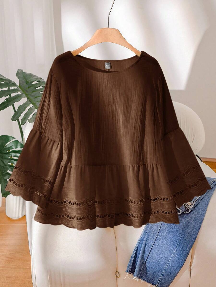 CosyJoli Plus Size Women Apricot Hollow Floral Lace Patchwork Casual Vacation Shirt - Brown - View 1