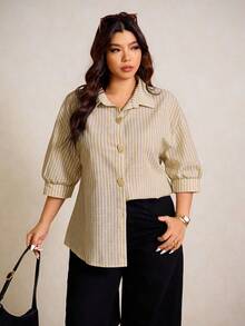 Elaquor 大码女式条纹金属纽扣七分袖休闲衬衫 - 卡其色 - 查看 3