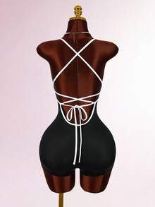 Amplova 细肩带三角杯纹理波西米亚风露背交叉绑带紧身连体衣 - 黑色 - 查看 7