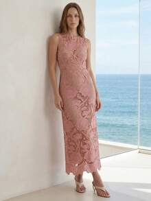 CielaLinda Women Lace Rose Sleeveless Maxi Dress - Dusty Pink - View 3