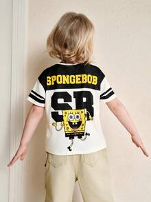 SpongeBob SquarePants | SHEIN 男童休闲圆领卡通字母印花短袖T恤，百搭日常穿着 - 白色 - 查看 4